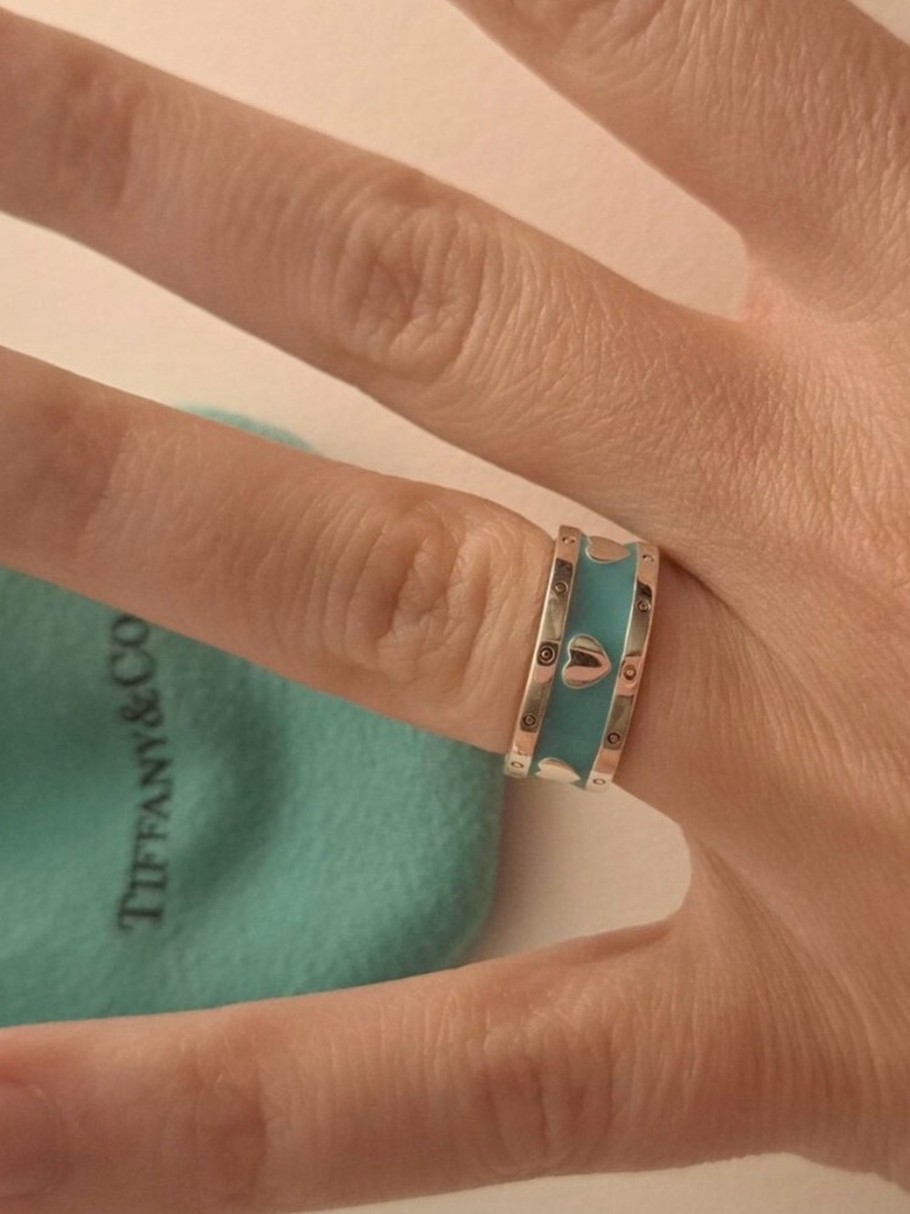 Tiffany & Co. Blue Enamel Heart Wide Band Ring Size 5